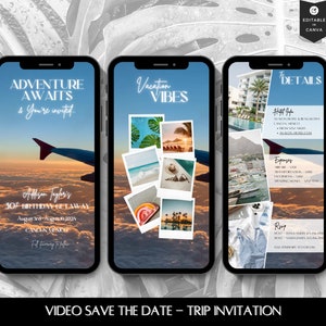 May include: A video save the date invitation for a 30th birthday getaway to Cancun, Mexico. The invitation features a sunset sky with a plane flying overhead, and the text "Adventure Awaits & You're Invited". The second slide features a collage of photos with the text "Vacation Vibes". The third slide features a collage of photos with the text "The Details" and information about the trip.