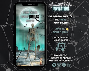 May include: A smartphone screen displaying a Halloween-themed animated video invitation. The video features a dancing skeleton in front of a spooky graveyard scene. The text on the screen reads "A Bone-Chilling Night of Thrills Awaits You" and "The Dancing Skeleton Will-Thrill Your Guests!"  Music is already added to the video. The invitation encourages viewers to watch the video on Instagram.