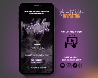 May include: Animated video invitation for a Halloween party with the text "Costumes & Cocktails" and a spooky cocktail glass with smoke. The invitation is hosted by Brea & John and takes place on Saturday, October 28th at The Edwards Haunted House. RSVP by texting Erica at 139,454,3890.