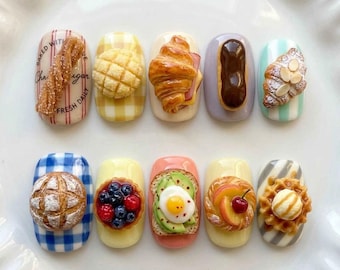 Kawaii Bakery Bread Press On Nails with Croissant Toast Waffle Berry Egg Dessert Design Cute Food Nails Handmade Glue On Nails