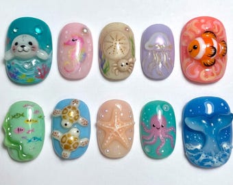 Cute Ocean Animal Press On Nails | 3D Sea Creature Fake Nails | Handmade Seal Turtle Octopus Nails | Summer Beach Vacation Nails