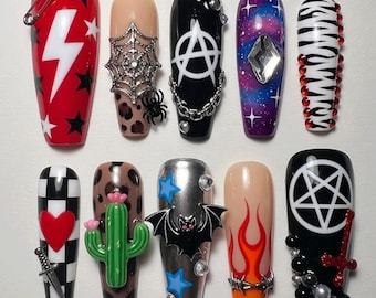 Y2K Gothic Mixed Design Press On Nails | Punk Alt Galaxy Flame Zebra Nails |3D Spider Web Bat Heart Lightning Nail Set Handmade Custom Nails