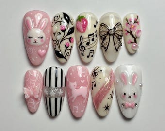 Cute Bunny Cat Press On Nails | 3D Music Note Cherry Blossom Bow | Pink Kawaii Fake Nails