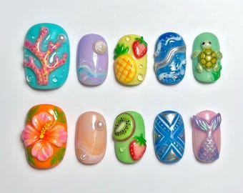 3D Tropical Ocean Nail Art | Turtle Coral Hibiscus Mermaid Tail | Summer Beach Press On Nails Set