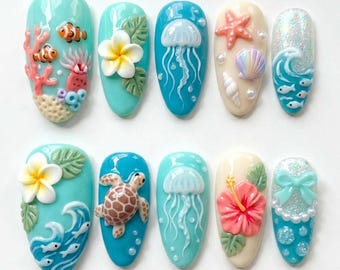 3D Ocean Sea Turtle Press On Nails | Cute Jellyfish Starfish Fake Nails | Summer Beach Waves False Nails | Kawaii Mermaid Blue Glue On Nails