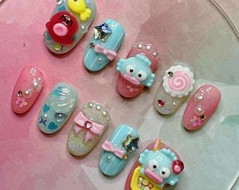Kawaii Hangyodon Character Press On Nails | 3D Anime Style Fake Nails | Cute Pink & Blue Ribbon Nails | Handmade Sanrio Inspired