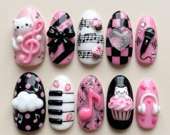3D Pink Black Cat Press On Nails | Cute Piano Musical Note Fake Nails | Kawaii Checkered Microphone Gel Glue Ons