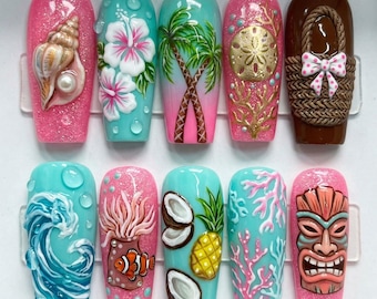 Tropical Hawaii Press On Nails | 3D Ocean Beach Fake Nails | Hibiscus Palm Tree Tiki Pressons | Summer Vacation Gel Nails