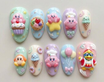Kawaii Kirby Press On Nails | 3D Chef Kirby Cupcake Ice Cream | Star Balloon Duck | Cute Sweet Handmade Nails