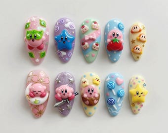 Kirby Inspired Press On Nails, Kawaii 3D Gamer Nail Set, Cute Pastel Anime Nails, Hand Painted Character Fake Nails, Candy Y2K Press Ons