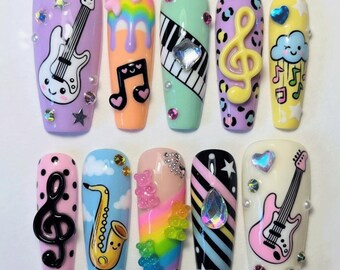 Kawaii Music Press On Nails | Rainbow 3D Cute Guitar Nails | Pastel Y2K Nail Set | Funky Cartoon Music Notes | Handmade Long Coffin Nails