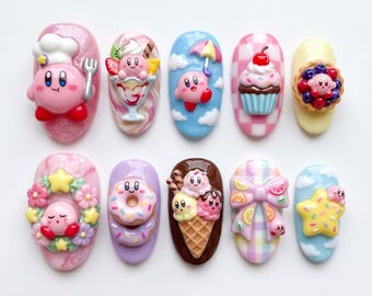 Kirby Dessert Press On Nails | 3D Chef Kirby Donut Ice Cream | Star Cupcake Bow | Kawaii Sweet Handmade Nails