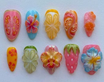 3D Tropical Fruit Press On Nails | Cute Strawberry Lemon Fake Nails | Summer Hibiscus Flower False Nails | Kawaii Citrus Gel Glue On Nails