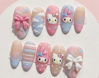 Cute Hello Kitty Press On Nails | Kawaii My Melody Marble Fake Nails | Pastel Cloud Star Sky Bow Gel Glue On Nails