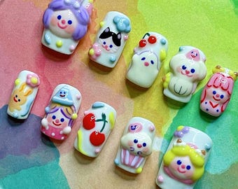 Super Kawaii Cartoon Press On Nails | 3D Girl Bunny Cat Cupcake Fish | Colorful Cute Fake Nails