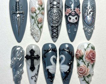 Gothic Dark Press On Nails | 3D Sword Heart Swan Kuromi Rose | Grey Black Luxury Fake Nails