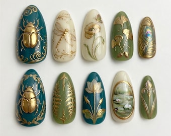 Teal Green Gold Press On Nails | 3D Beetle Peacock Dragonfly Lotus | Ginkgo Fern Nature | Luxury Handmade Nails