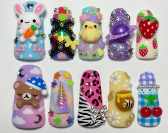 Kawaii 3D Press On Nails | Cute Bunny Strawberry Rainbow Nail Set | Y2K Harajuku Nails | Pastel Cartoon Charms | Handmade Long Coffin Nails