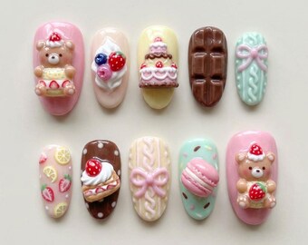 Cute 3D Teddy Bear Press On Nails | Kawaii Cable Knit Sweater Fake Nails | Sweet Chocolate Strawberry Cake Glue Ons