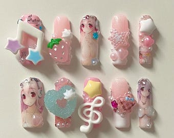Kawaii Anime Girl Nails Music Note Strawberry Star Heart Pink 3D Press On Nails Handmade Cute Nails