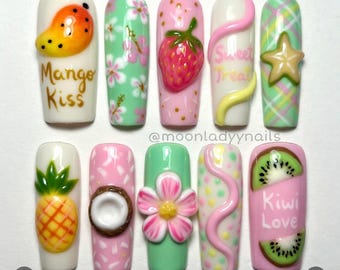 Tropical Fruit Press On Nails | Mango Kiss Strawberry Kiwi Pineapple | Sweet 3D Long Fake Nails