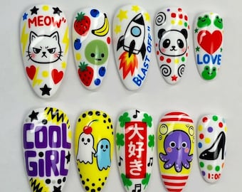 Kawaii Pop Art Press On Nails, Cute Cartoon Nail Set, Colorful Y2K Fake Nails, Hand Painted Anime Nails, Funky Graphic Press Ons