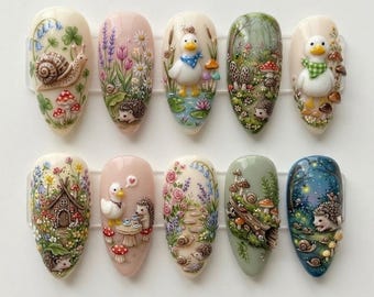 Woodland Forest Press On Nails, Hedgehog Duck Mushroom Nails, Handmade Cottagecore Nature Nail Set, Fairy Garden Nails