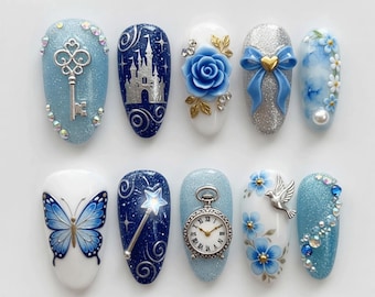 Cinderella Inspired Press On Nails, Blue Princess Nail Set, Elegant Fairy Tale Fake Nails 3D Bow Butterfly Acrylic Nails, Luxury Fantasy