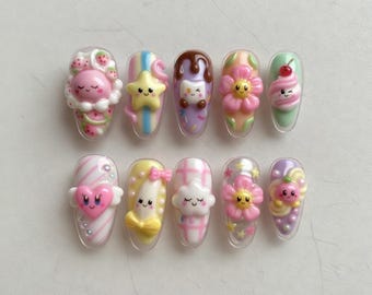 3D Kawaii Cute Nail Art | Heart Star Flower Ice Cream Penguin | Pastel Press On Nails Set