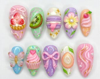 Kawaii 3D Sweet Dessert Press On Nails | Cute Fruit & Pastry Fake Nails | Handmade Strawberry Kiwi Tart Nails | Pastel Y2K Nails