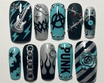 Punk Rock Press On Nails Y2K Grunge Nail Set Teal Black Silver Goth Nails | 3D Guitar Chain Barbed Wire Nails Handmade Alternative Press Ons