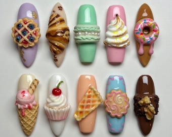 Kawaii Bakery Dessert Press On Nails | 3D Croissant Donut Macaron Fake Nails | Cute Ice Cream Waffle False Nails | Sweet Food Glue On Nails
