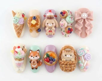 Cute 3D Animal Picnic Press On Nails | Kawaii Cat Basket Fox Pancake Fake Nails | Sweet Fruit Tart Macaron Glue Ons