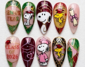 Snoopy Graduation Nails 2026 | Senior Year Class of 2026 | Peanuts Snoopy Woodstock Press On Nails Set