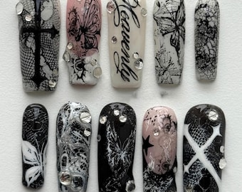 Gothic Press On Nails Black Nails Butterfly Nails Grunge Nails Dark Aesthetic Nails 3D Handmade Nails
