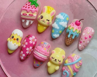 Kawaii Bunny Press On Nails | Cute Chick 3D Fake Nails | Sweet Macaron Ice Cream Pressons | Handmade Easter Gift