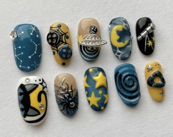 Galaxy Press On Nails, Celestial 3D Nail Set, Space Inspired Fake Nails, Hand Painted Moon Star Nails, Cosmic Y2K Acrylic Press Ons