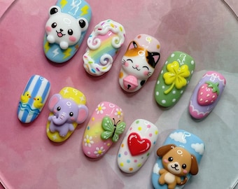 Kawaii 3D Press On Nails | Cute Animal Fake Nails | Pastel Panda Elephant Dog Pressons | Custom Handmade Gel Nails Gift