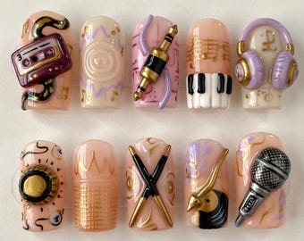 Y2K Retro Music Press On Nails | 3D Piano Headphones Cassette Fake Nails | Cute Microphone Drumstick False Nails | Pastel Gold Glue On Nails