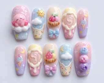 Cute Kirby Press On Nails | Pastel 3D Dreamy Fake Nails | Sweet Ice Cream Star Pressons | Aesthetic Handmade Gel Nails