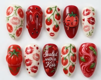 Sealed with a Kiss Tomato Press On Nails | 3D Cherry Lips Strawberry | Red Kawaii Funny Nails