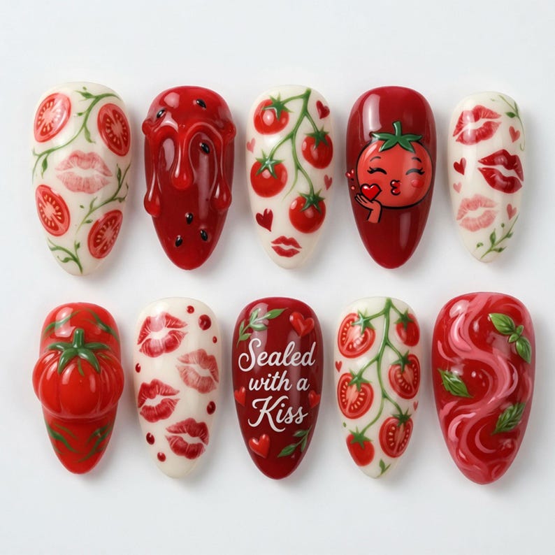 May include: A set of ten oval-shaped nail art designs. The designs feature tomatoes, tomato slices, and red lips. One nail reads "Sealed with a Kiss". The color palette includes red, white, and green.