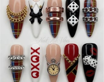 Luxury Plaid Press On Nails, Red Black Gold Chain Nail Set, Designer Inspired Glam Dice Nails, Edgy Handmade Stiletto Nails