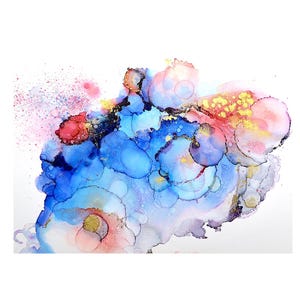 May include: Abstract alcohol ink art piece featuring a blend of blue, red, and gold hues. The artwork showcases a dynamic composition with fluid shapes and textures, creating a vibrant and expressive design on a white background.