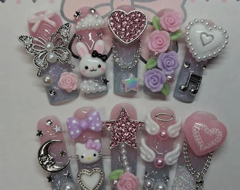 Kawaii 3D Press On Nails, Pink Coquette Nail Set, Cute Bunny Heart Fake Nails, Y2K Princess Acrylic Nails, Fairy Kei Charm Press Ons