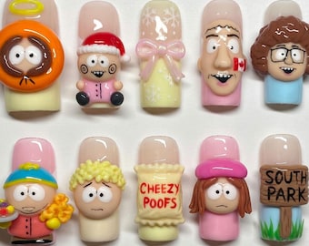 South Park Press On Nails | Funny Cartoon Character Nails | 3D Handpainted South Park Art | Unique Custom Culture Nails
