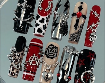 Gothic Y2K Press On Nails | Red Black Silver Charms | Punk Emo Alt Nails | Cross Skull Spider Coffin Nails | Handmade XL Nails