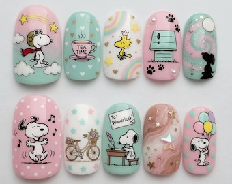 Cute Snoopy Press On Nails | Pastel Cartoon Nails | Kawaii Pink Mint Nail Set | Peanuts Inspired Handmade Nails