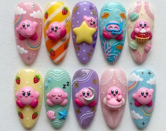 Handmade 3D Kawaii Kirby Inspired Press On Nails Cute Pink Star Nails Summer Ocean Kirby Nails Pastel Dessert Luxury Art Gift For Her