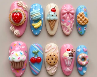 Kawaii Dessert Press On Nails | 3D Cupcake Ice Cream Donut | Strawberry Cherry Sweet Nails | Handmade Luxury